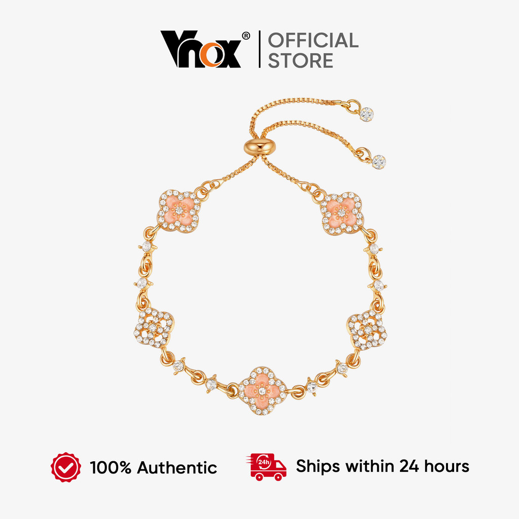 Vnox Zircon Cubic Pink Four-Leaf Flowers Link Chain Bracelet for Women,Stainless Steel Non Tarnish L