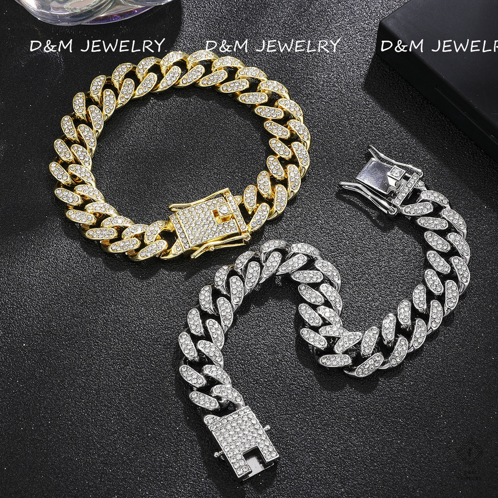 Width Cuban Bracelet Luxury Shiny Inlaid Rhinestone Link Chain Diamond Hip Hop Bracelet Women Men
