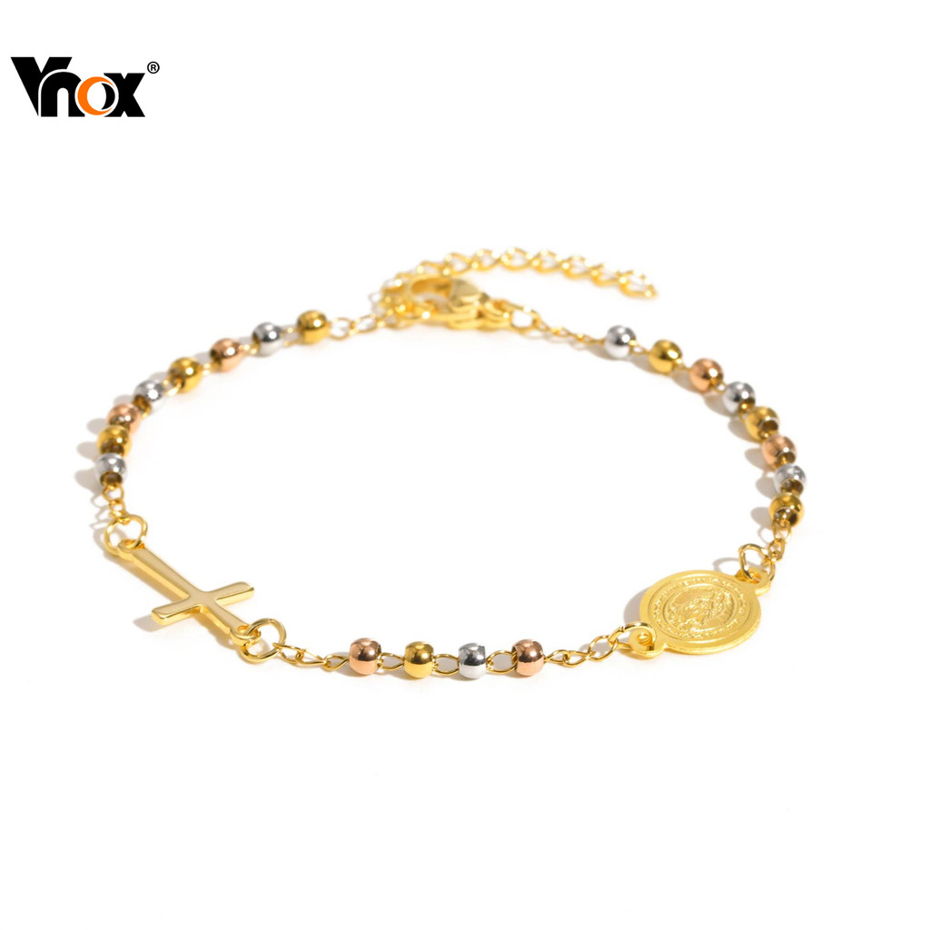 【COD Local Delivery】Vnox Tricolor Beads Virgin Mary Jesus Cross Bracelet for Women,Stainless Steel D