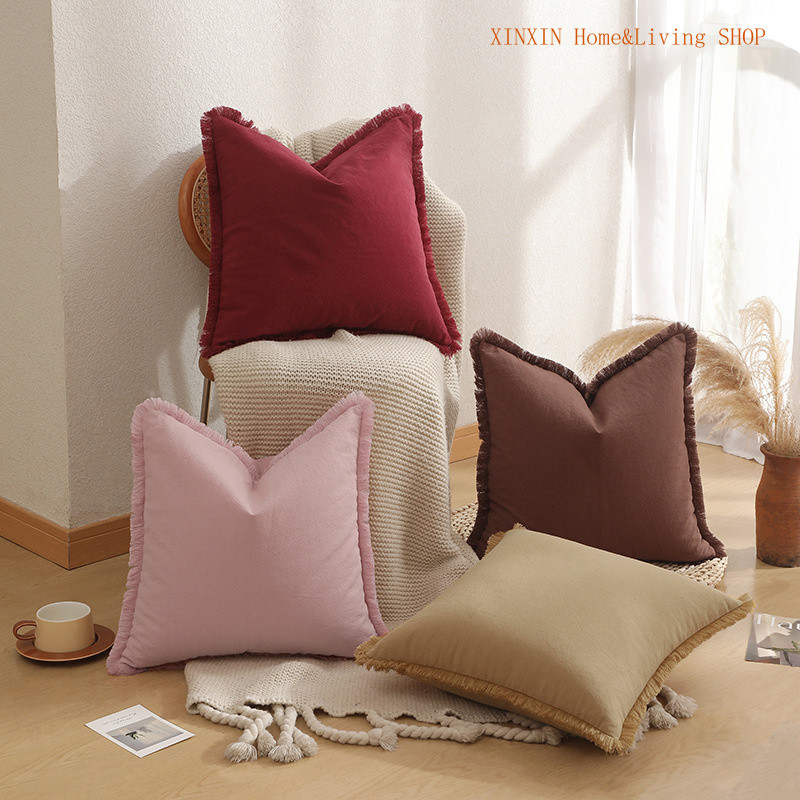 Thickened Washed Cotton Linen Tassel Cushion Cover，High-End Luxury Throw Pillow Case 18x18, Sofa Pil