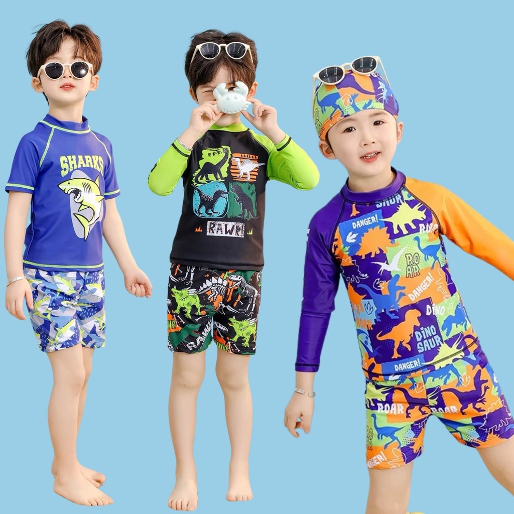Swimwear Rashguard Set Kids Boys 3 7Y Tops + Short & Cap Set Dinosaur Rush Guard For Kids Boy Attire