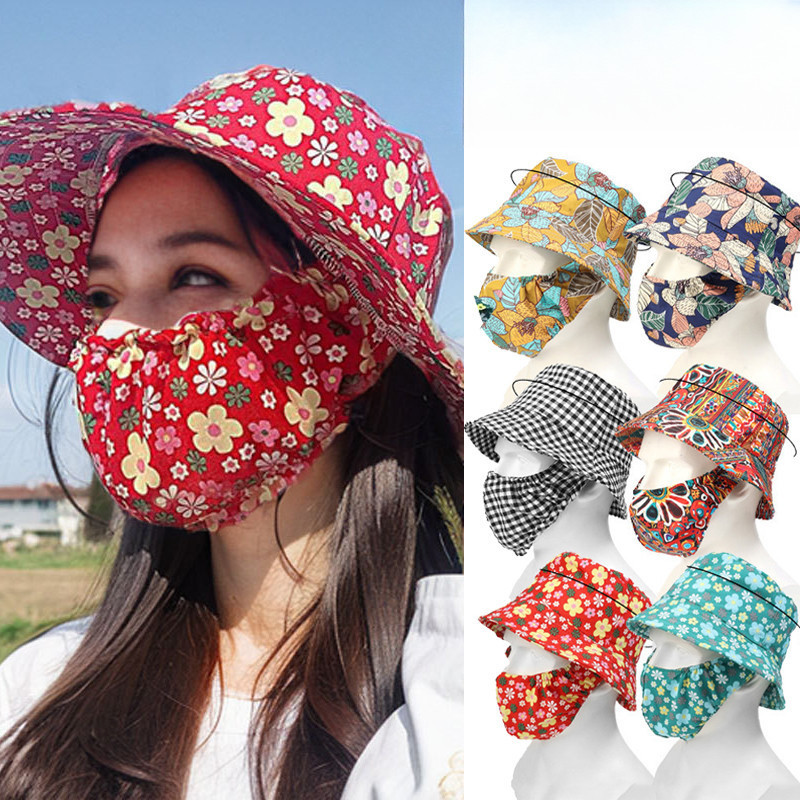 Women's Summer Sunshade Hat with Face Mask - Anti-uv, Breathable, FoldableFashion Flower Bucket Hat