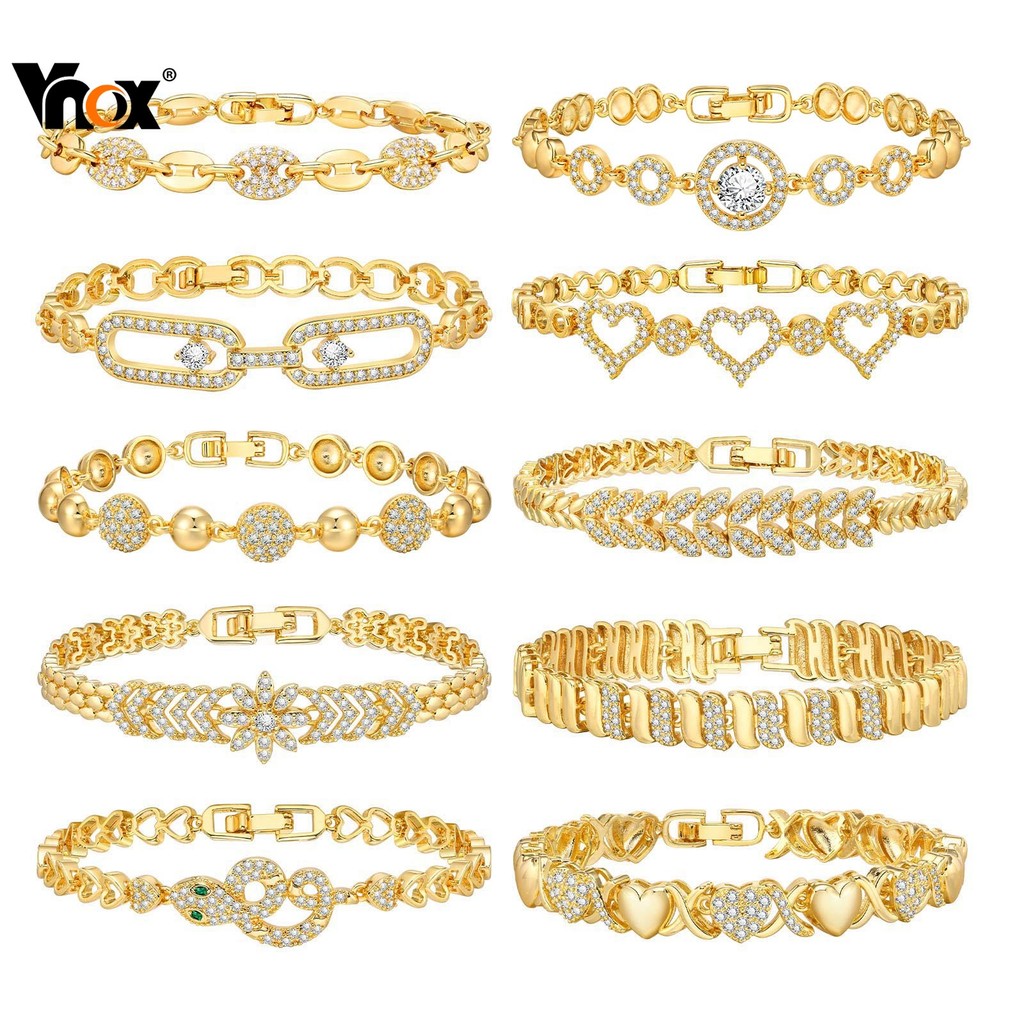 Vnox White Cubic Zirconia Cuban Paper Clip Chain Bracelet for Women,18k Gold Shiny Heart Infinity Be
