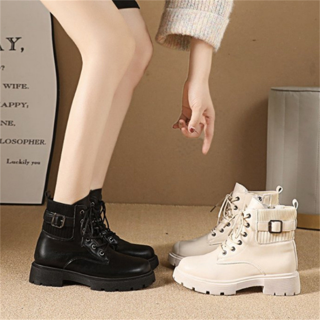 Women's Classic Lace-up Short Boots British Style Fashion Casual Solid Color Round Toe Side Zipper A