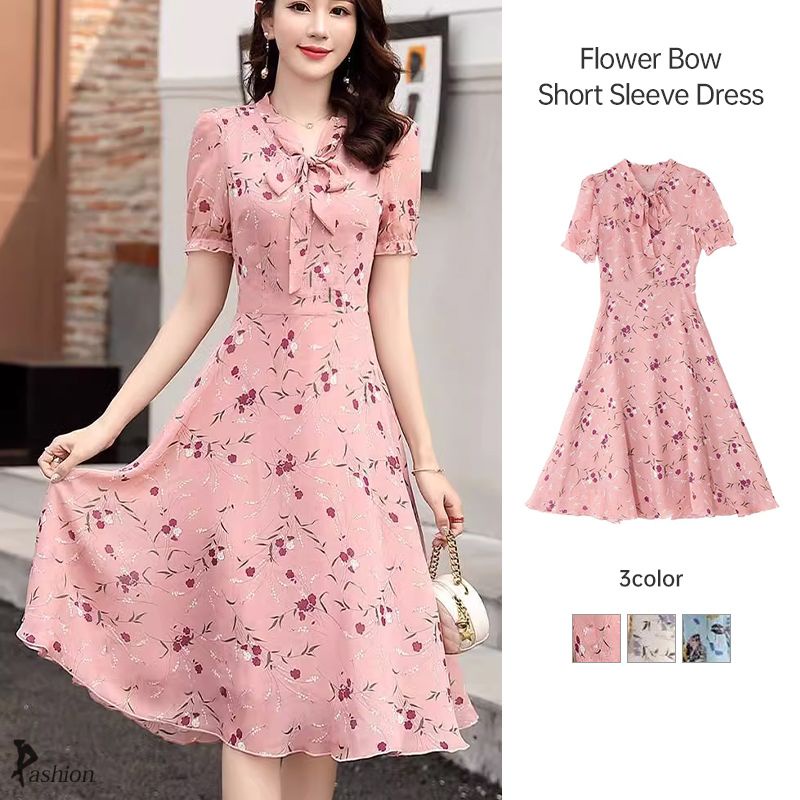 Floral Bow Tie Dress Summer French Style Fairy Short Sleeved Dress Niche Printed Dress FL