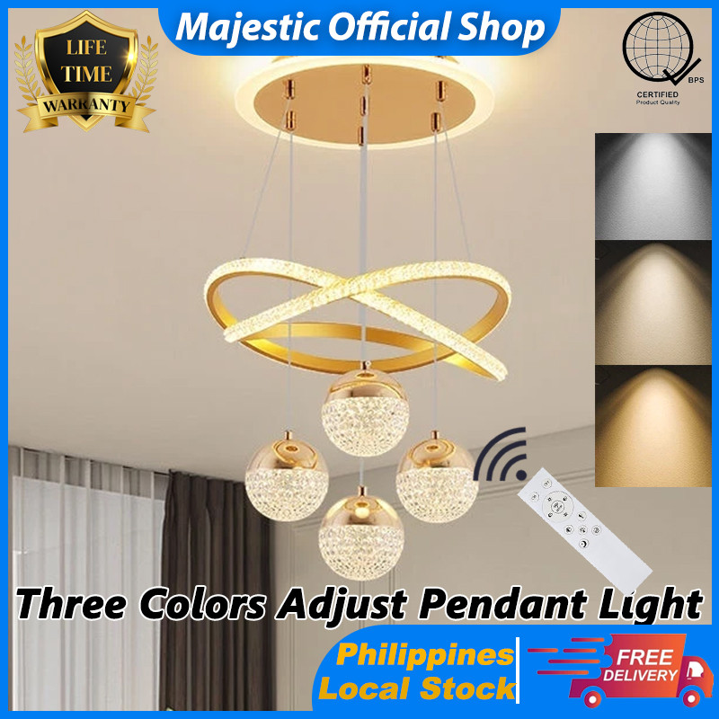Penadant Light LED 4 Heads Tricolor Remote Control Ceiling Chandelier for Dining Living Room Hanging