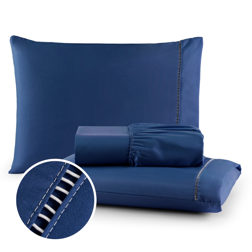 Lençol Elastico Jogo De Cama Kit Com Fronhas Detalhe Ponto Palito