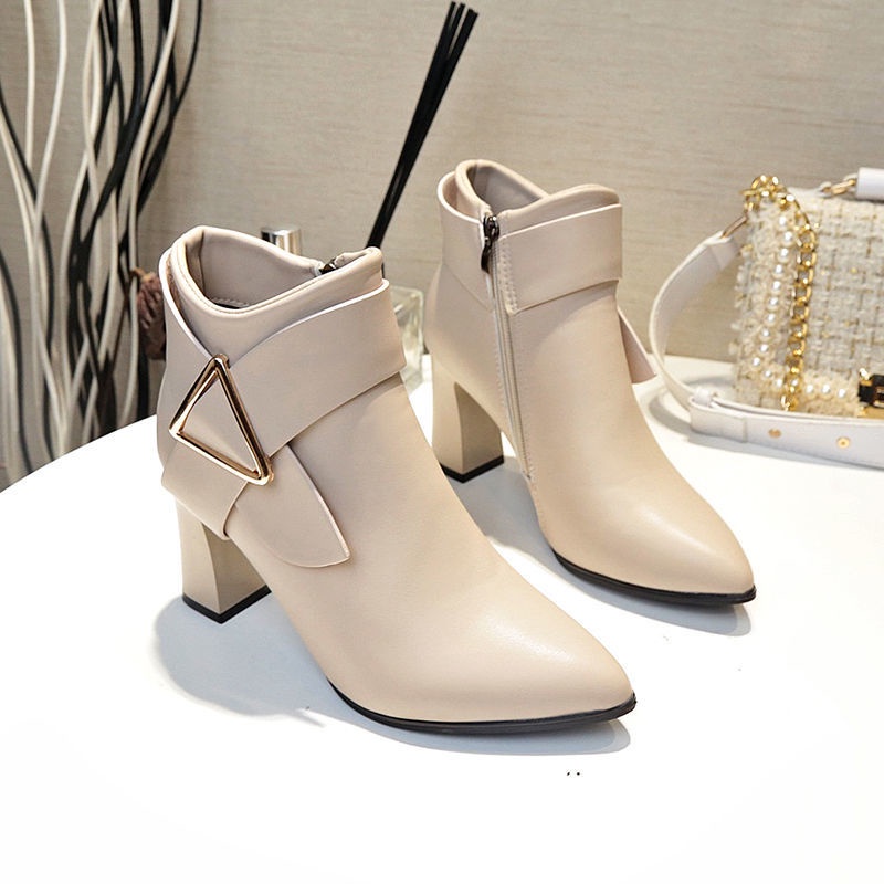 Korean Beige High-Heeled Martin Boots New Pointed Toe Thick-Heeled women's short fashion ankle boots