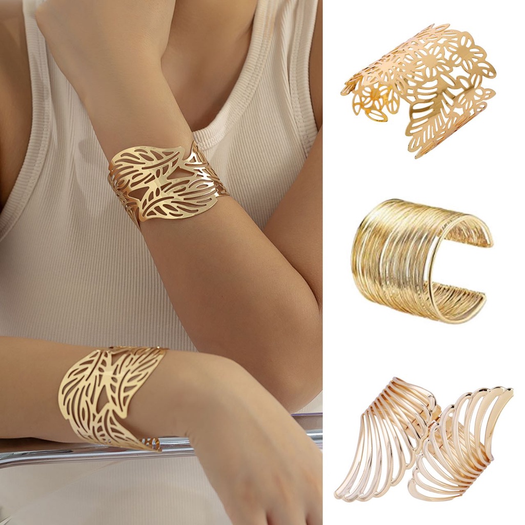 Metal Hollow Flower Leaf Bangles for Women Open Adjustable Wide Cuff Bracelet Party Wedding Jewelry