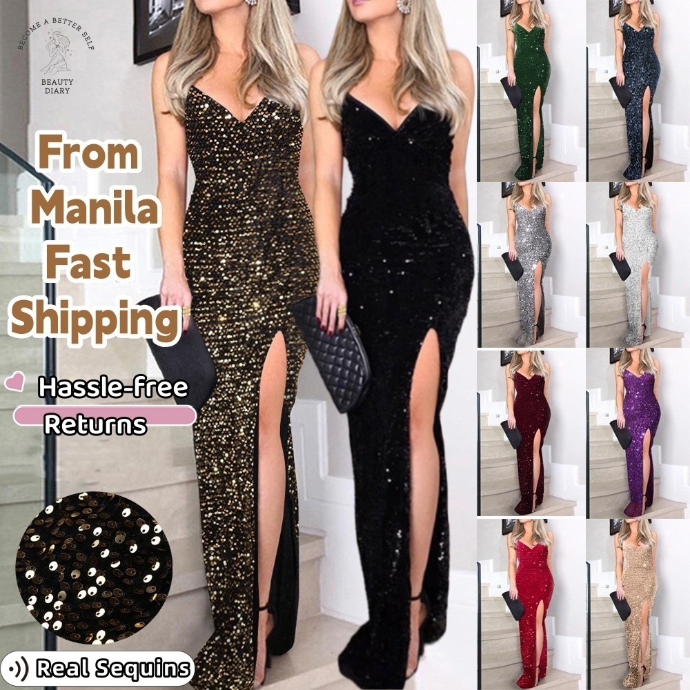{Shipped From Manila+COD} Sexy Black Sequin Long Gown| Bodycon High Slit Formal Dress| Hollywood Gla