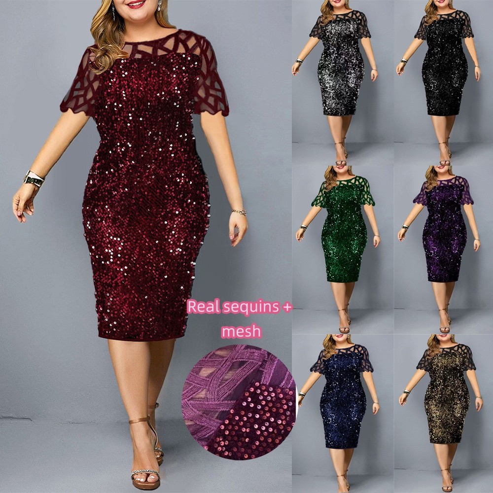 {Shipped From Manila+COD} Elegant Plus Size Sequin Glitter Cocktail Dress| Short Sleeves Evening Gow