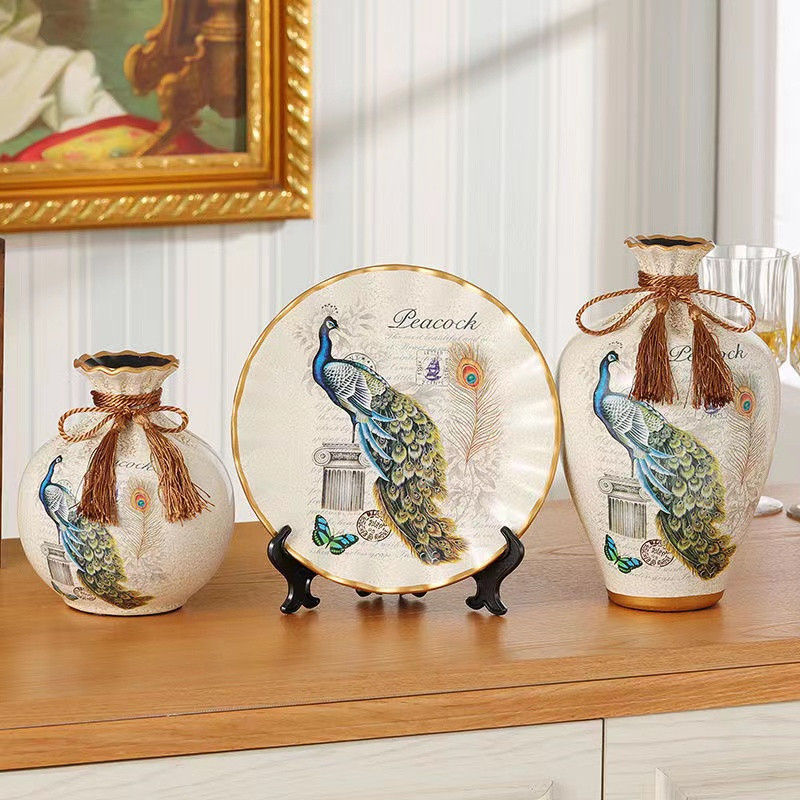 【 Spot 】 European-style ceramic desktop decorative vase creative combination three-piece set