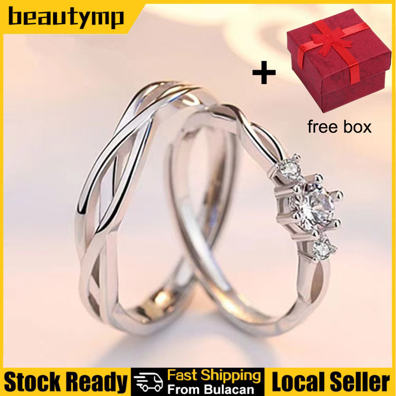 2 Pcs/set Diamond Couple Ring with Free Box Crystal Wedding Adjustable Opening Ring Good Jewelry