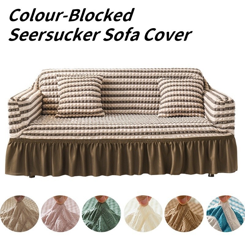 Seersucker Sofa Cover Universal Sofa Dust Protector Colour-blocked 1/2/3/4Seater Sofa Skirt Couch