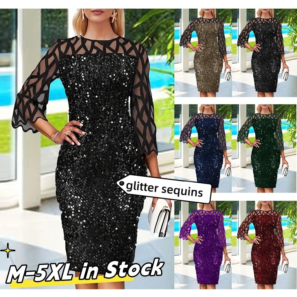 {Shipped From Manila+COD} M-5XL Elegant Formal Dress for Woman Sheer Mesh Sleeves Sequin Glitter Co