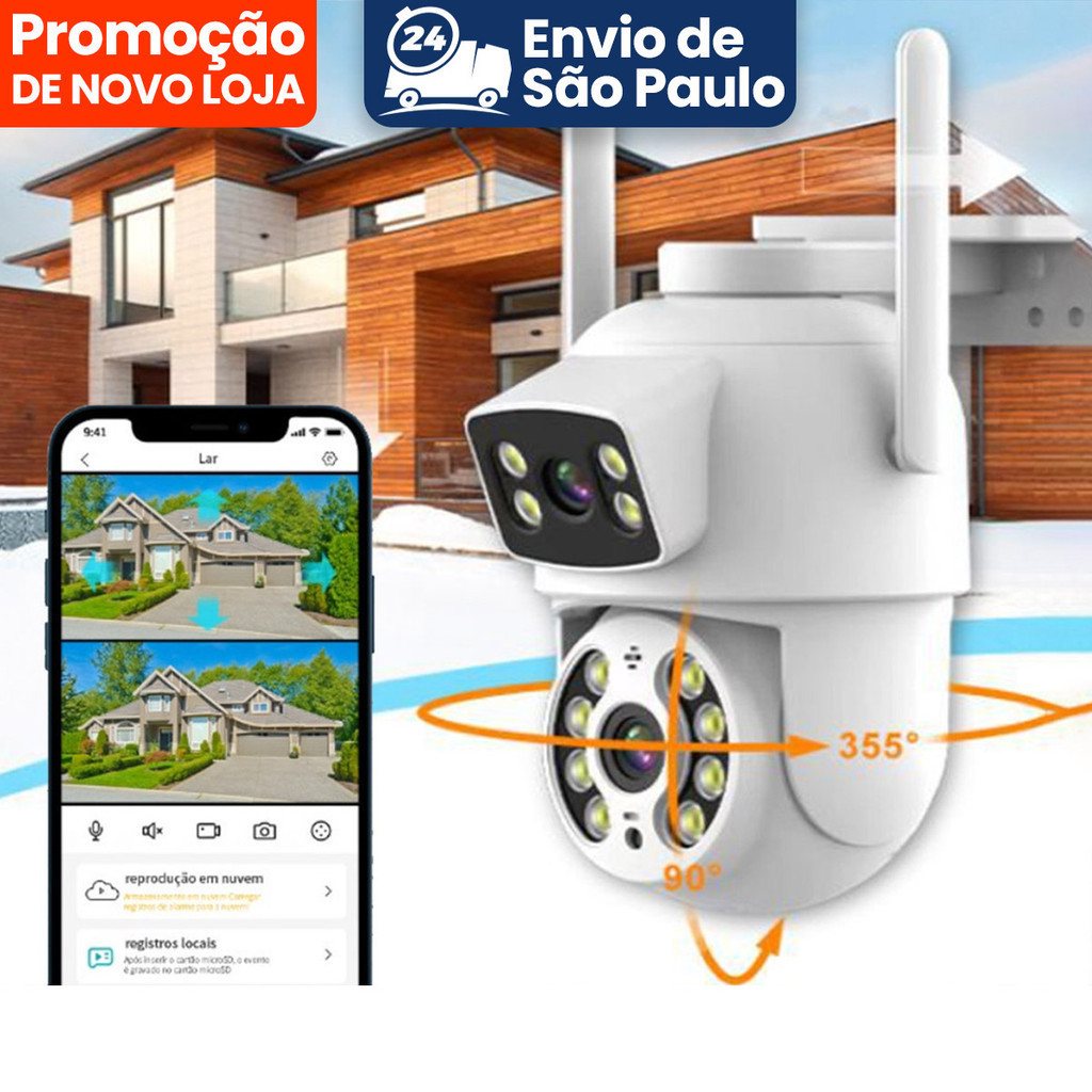 Câmera De Segurança Lente Dupla ICSEE IP66 Wi-Fi 360° Sensor Movimento Visão Noturna 2 em 1 Fixa