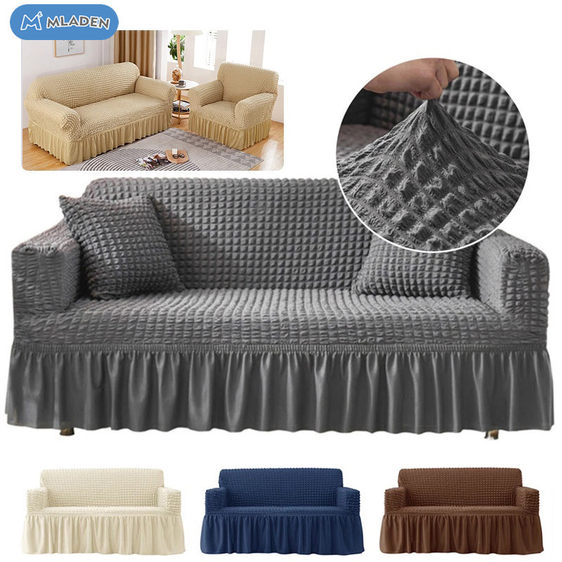 MLADEN 1/2/3/4 Seater Seersucker Skirt Sofa Cover Stretch Sofa Protector Removable Slipcover Couch