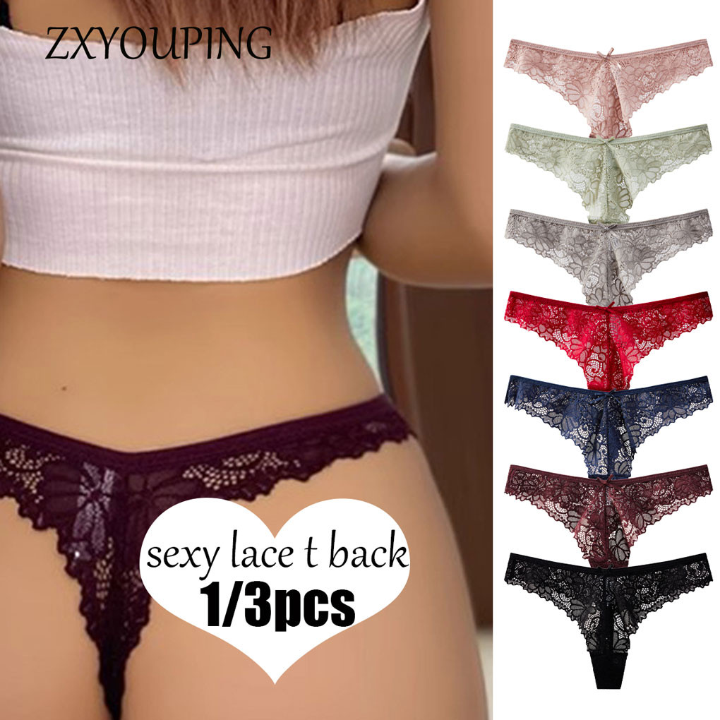 ZXYOUPING 1/3pcs Sexy Lace Panty for Women Set Low Rise Hollow Plus Size Panty T Back Bikini Female
