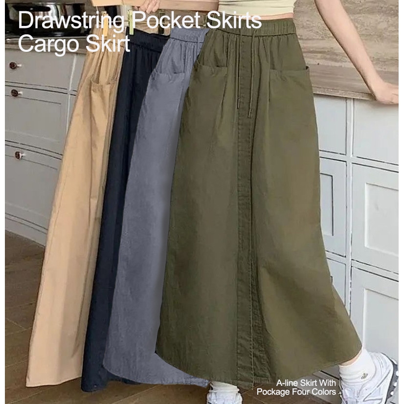 Cargo Skirt A-line Skirt With Pockage Four Colors Drawstring Pocket Skirts