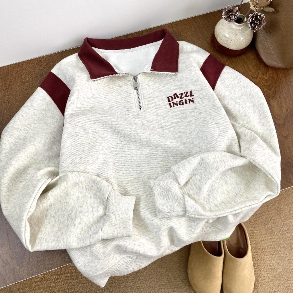 VELIN M-2XL Half Zip Sweater For Women Korean Embroidery Polo Neck Long Sleeve Crop Sweatshirt