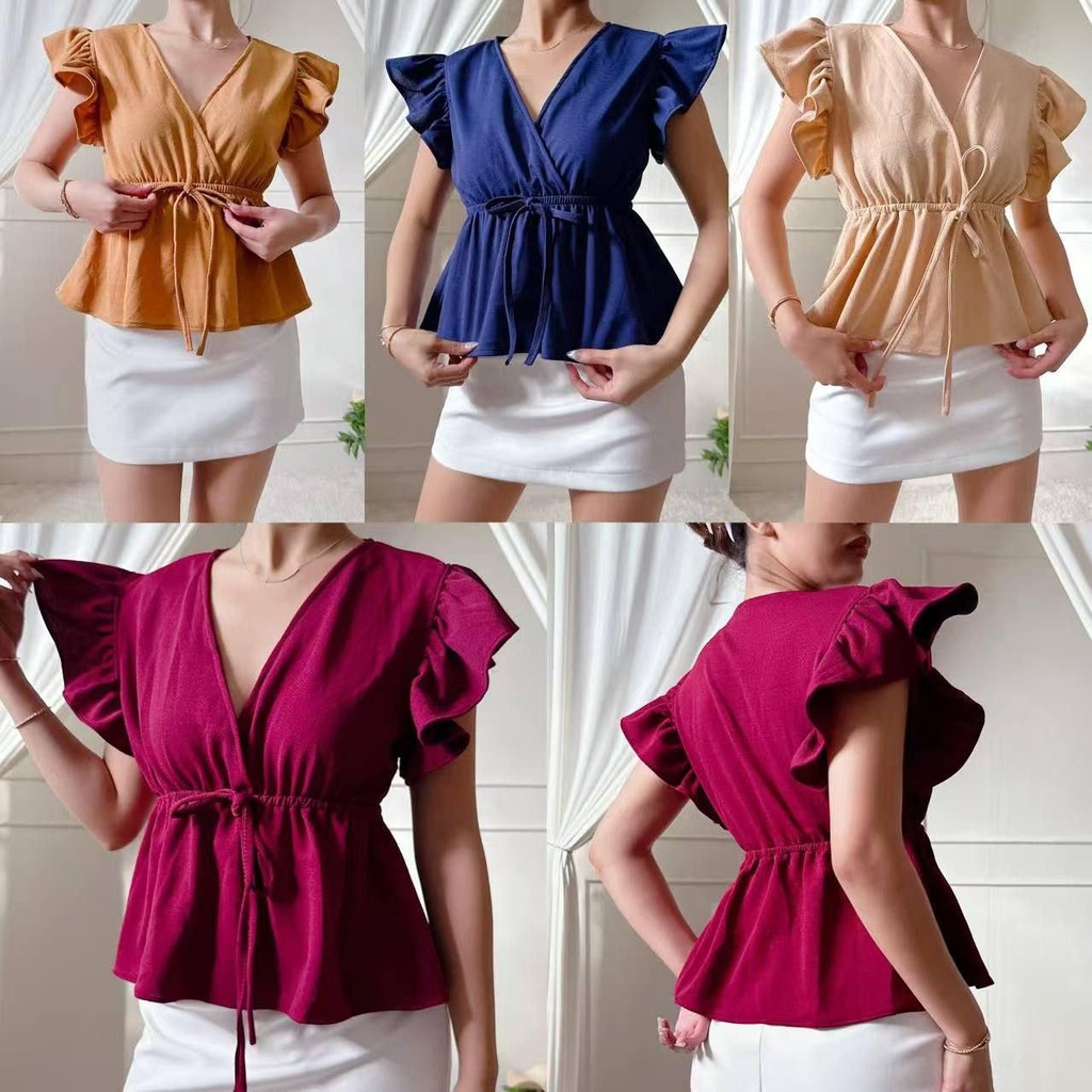 1130-Ruffle Sleeve Cotton crepe Sleeveless V-neck Ribbon very comfy to wear