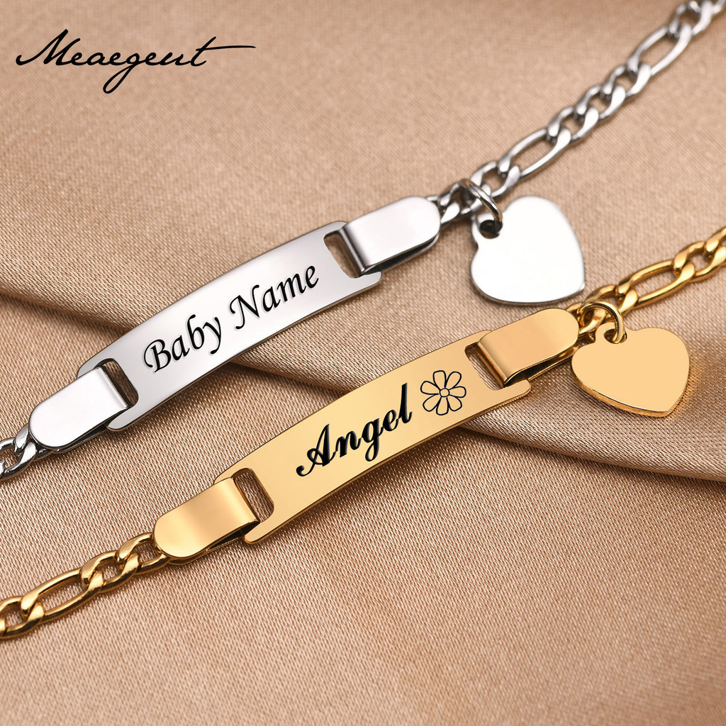 Meaeguet Personalized Baby Name Bracelet with Heart,Free Engraving Child ID Bracelet Girl Boy Teens