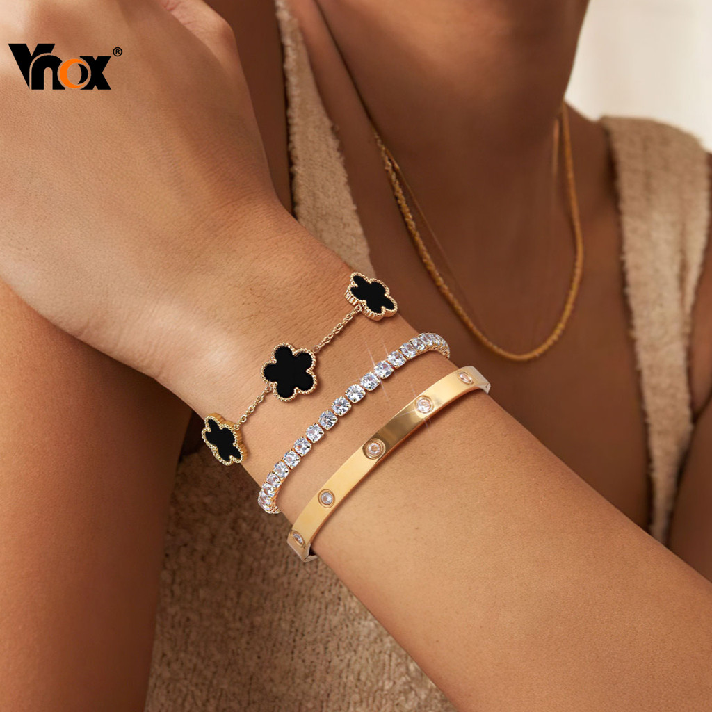 Vnox Zircon Cubic Flower Three-piece Set Bangle Bracelets for Women,Gold Stainless Steel Non Tarnish