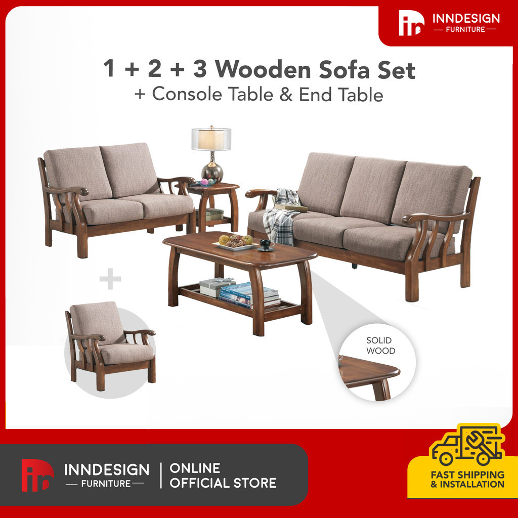 INNDESIGN 100% Solid Wooded Sofa Set 1+2+3 Solid Wood Living Room Set / SOFA