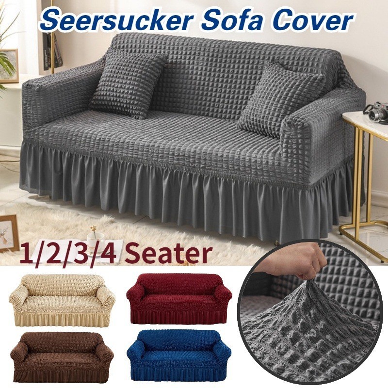 <PH STOCK>Seersucker Sofa Cover Skirt 1/2/3/4 Seater Elastic Sofa Protector Anti Dust Slipcover
