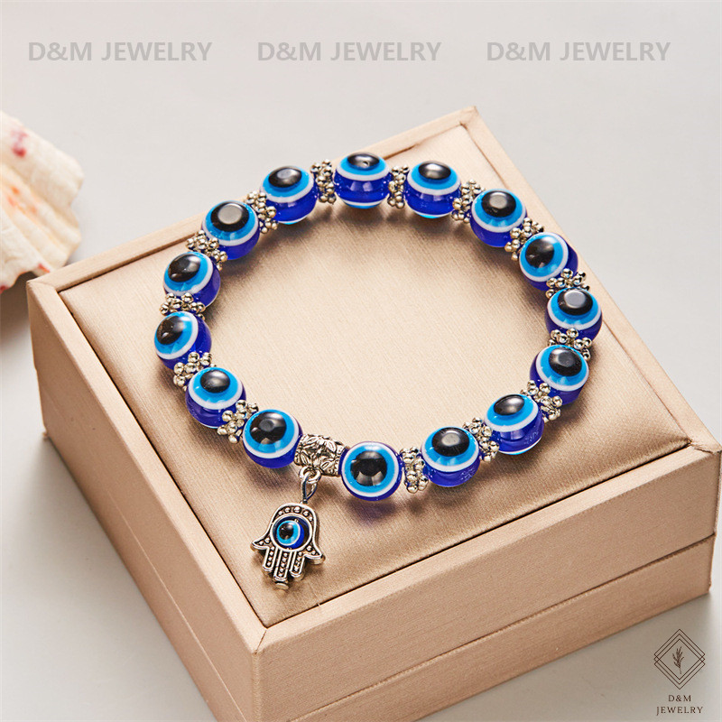 Evil Eye Blue Hand of Fatima Turkish Lucky Evil Eye Charm Bracelet for Protection and Blessing