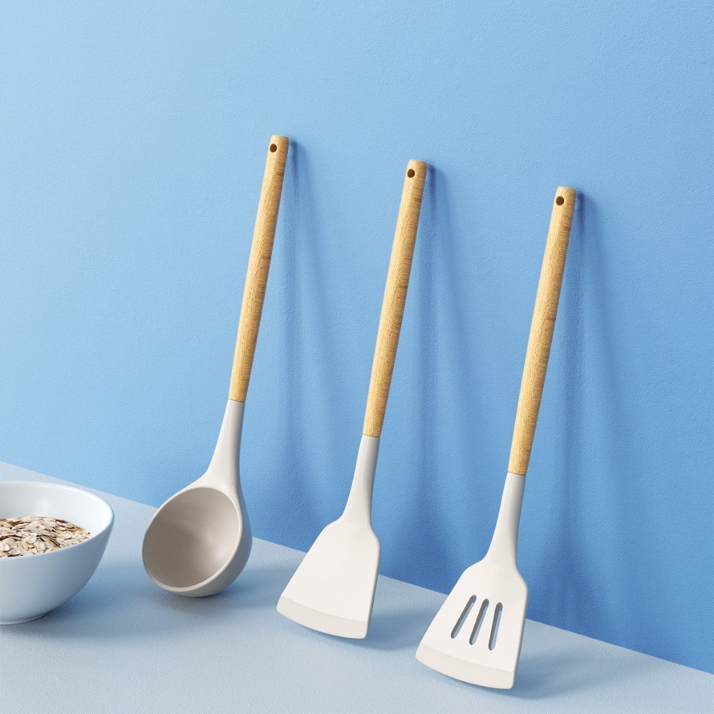 Thebest 3PCS White Silicone Kitchenware Cooking Utensils Set Wooden Handle Non-Stick Spatula