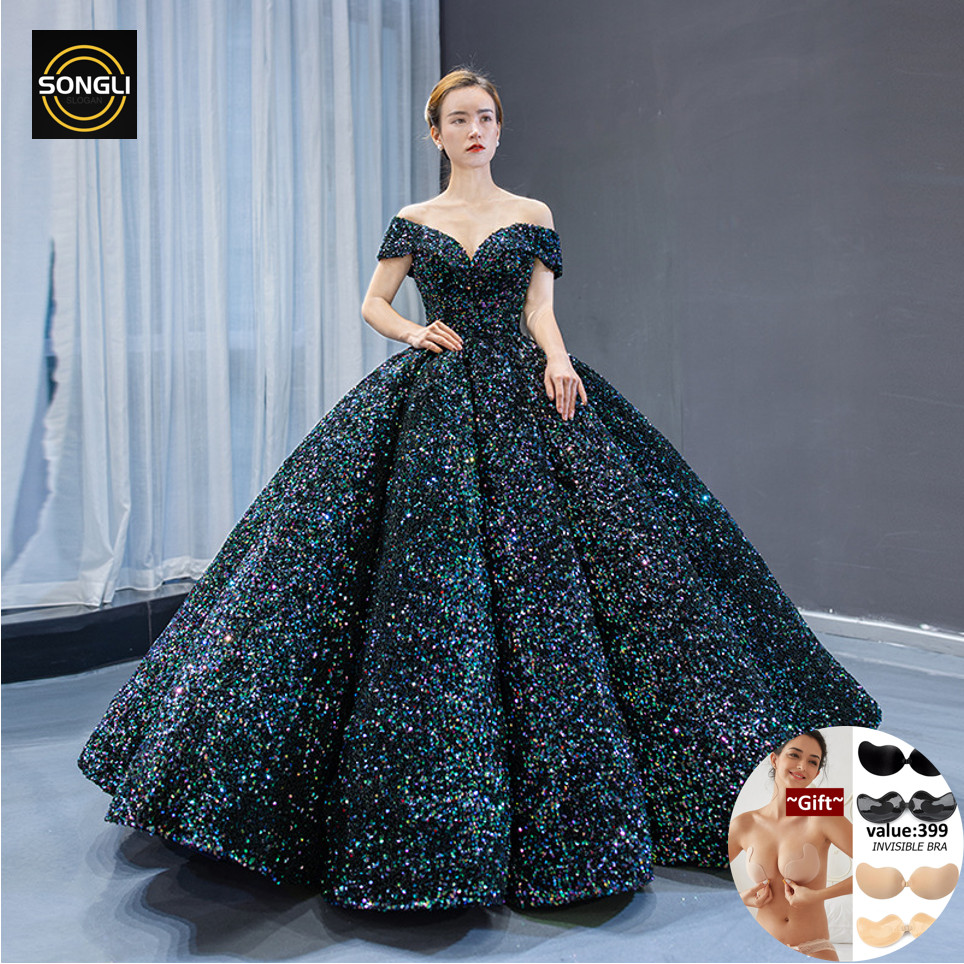 European and American sequin ball gown bride's wedding gown 2024 color changing off shoulder sequin