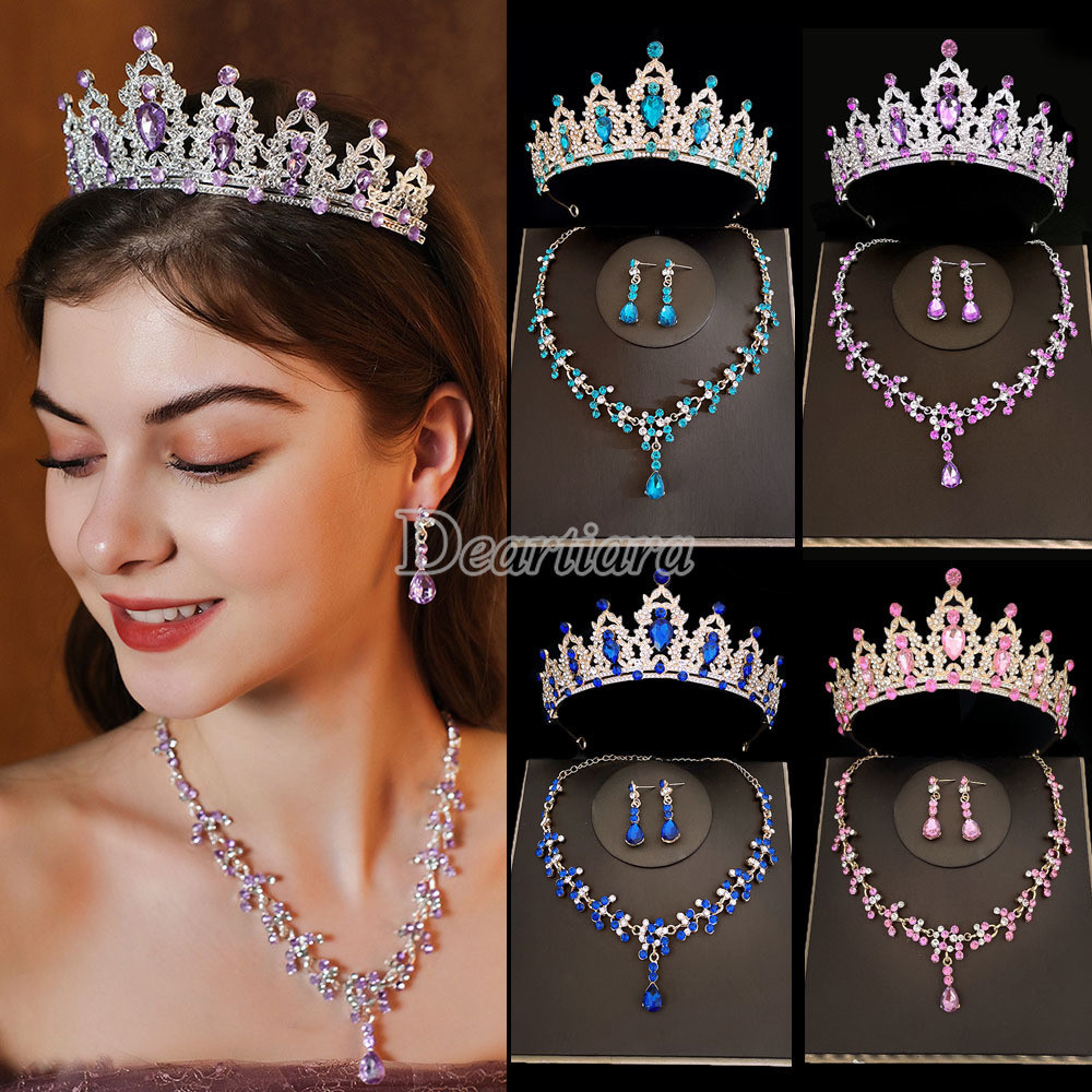 Fashion Bride Headwear Crown Three Piece Wedding Necklace Earrings Rhinestone Set European and Ameri