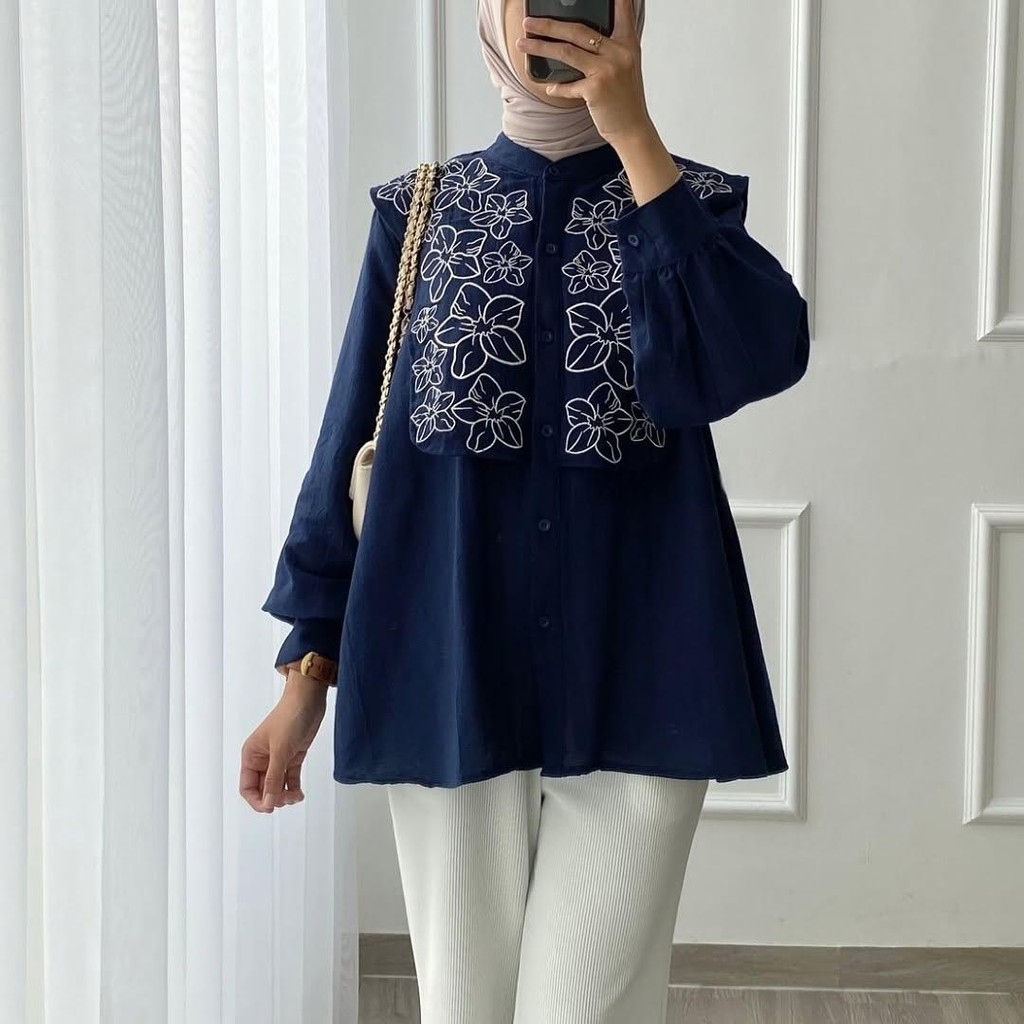 Mawar Blouse Embro Flare Atasan Kemeja Bordir Wanita Bahan Rayon Twil HQ