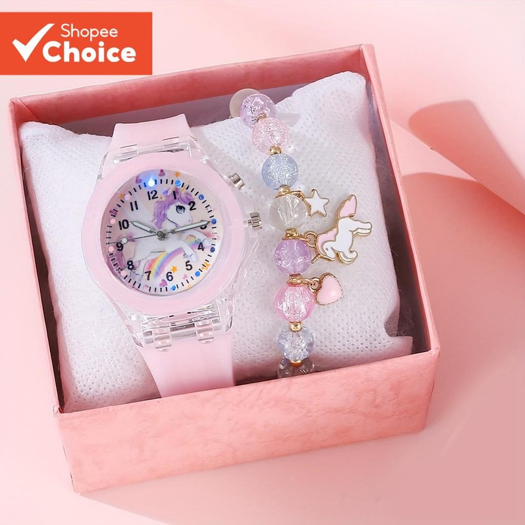 Unicorn Wrist Watch With Bracelet Set For Kids Girls Circular Dial Quartz
