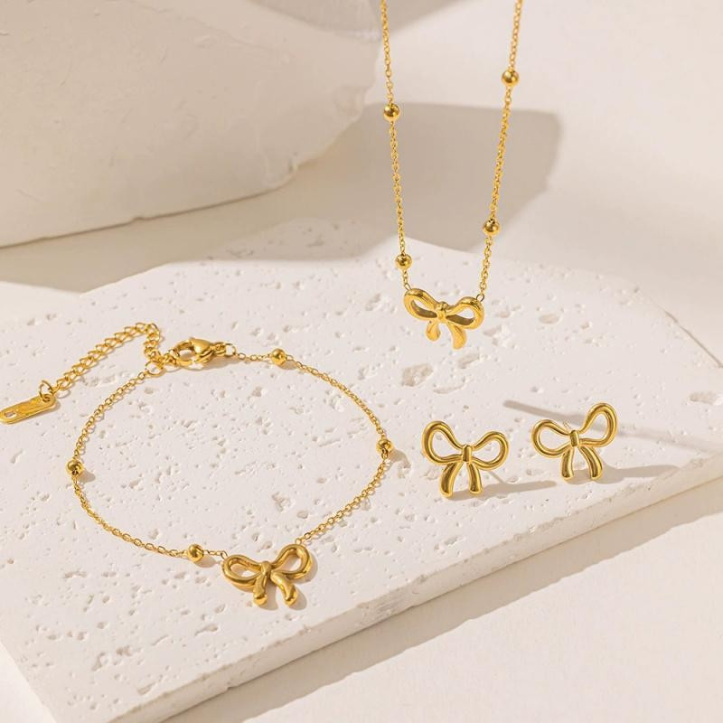 3 PCS Bow Butterfly Pendant Stainless Steel Fashion Necklace Earrings And Bracelet Set For Women Jew