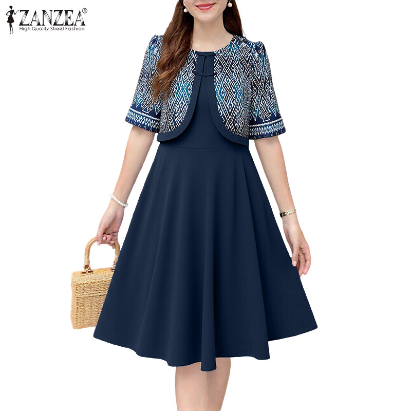 ZANZEA Women Korean Elegant Round Neck Short Sleeve Printing Stitching Waist A-Line Fake Two-piece D