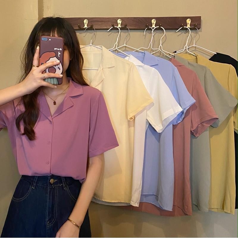 Women's korean style plain color loose tops short sleeve shirt Womenswear Blouse Casual Basic Lady