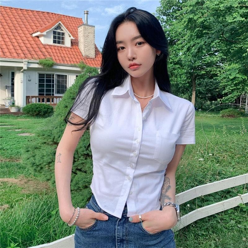 【S-2XL】Women's college style white shirt PoLo neck short sleeved top Womenswear Blouse