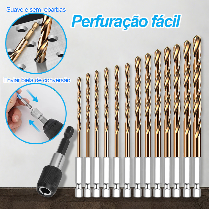 Kit 13 pcs Jogo de Brocas Hexagonais Titânio HSS Troca Rápida para Madeira Plástico Metal Alumínio F