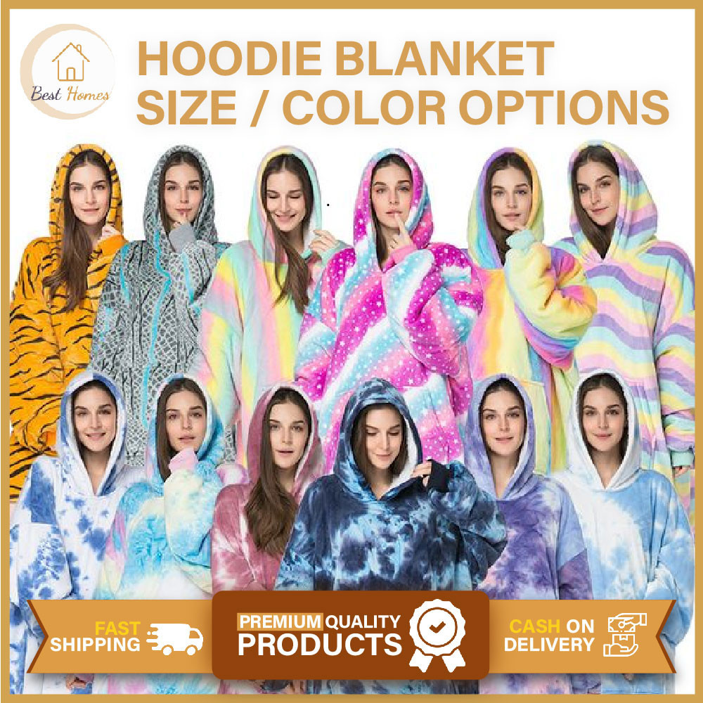 Best Home PH Hooded Blanket Flannel Oversized Sweatshirt with Sleeves and Pocket Wearable Blanket