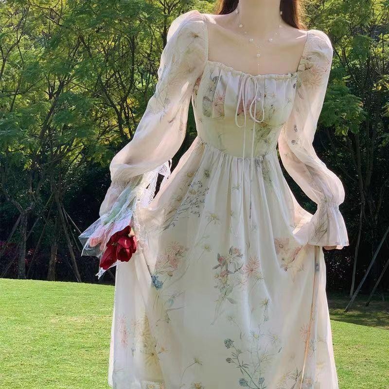 Women's Sweet Chiffon Dress, Summer Long-sleeved Dress, French Square Neck Dress, Casual Cute, Chiff