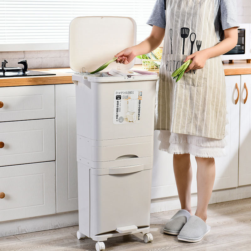 Large Kitchen Trash Bin with Lid Automatic Double Layer Dry Wet Separation Rubbish Bin for Home Use