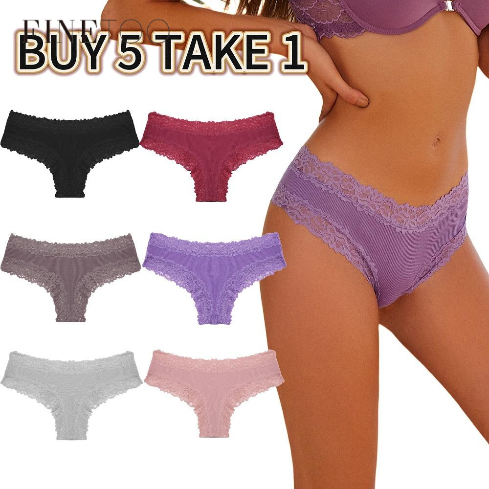 【Buy 5 Take 1】FINETOO Lace Seamless Panty for Women Sexy Cotton Panties Comfortable Underwear Linger