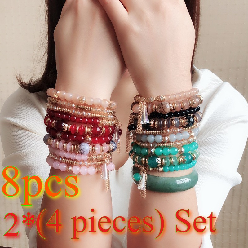 8pcs Bohemian Bracelet Women Crystal Multilayer Beaded Elastic Bracelet Fashion CharmJewelry