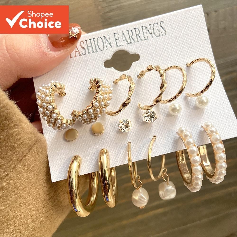 Retro Gold Hoop Earrings Set of Nine Pairs with Crystals for Women Hypoallergenic Jewelry