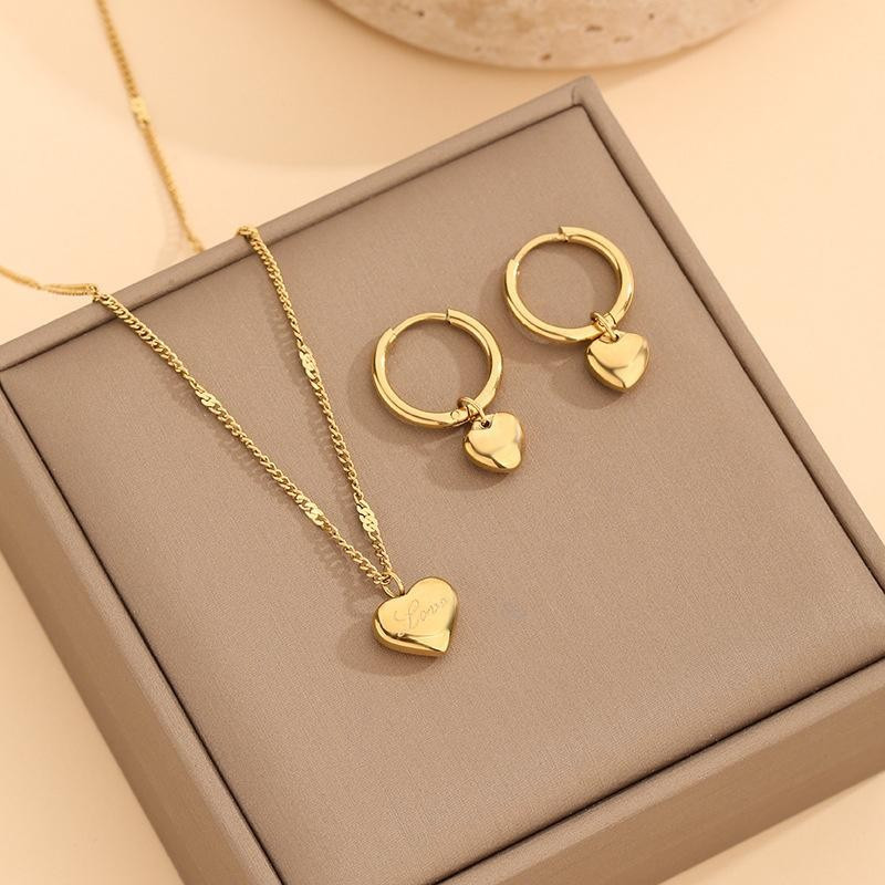 2pcs Korean Fashion Minimalist Love Heart Stainless Steel Necklace And Earrings Set Jewelry Set