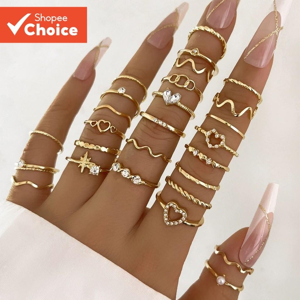 28PCS Minimalist Wave Rings Set for Women - Silver Geometric Heart Rings Jewelry, For Christmas Gift
