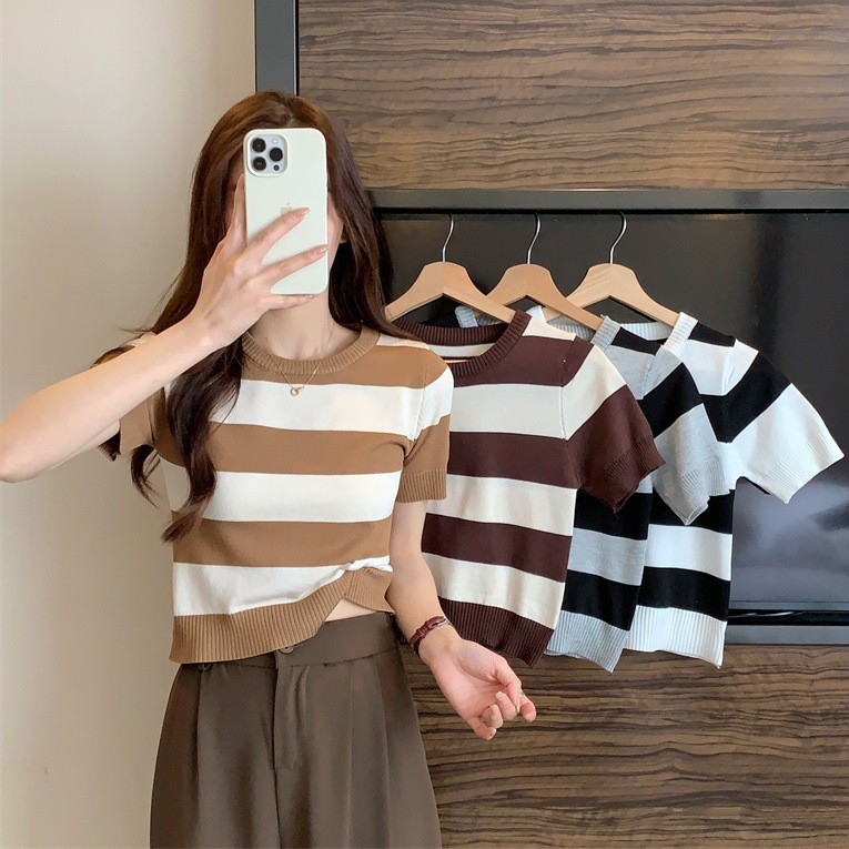 2026 Summer New Style Korean Version t-Shirt Fashion Round Neck Striped Short-Sleeved Knit Top