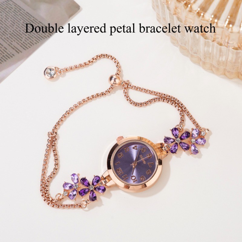 Women's Watch Light Luxury Double Flower Bracelet Strap Inlaid Shiny Round Dial Fashionable Watch F